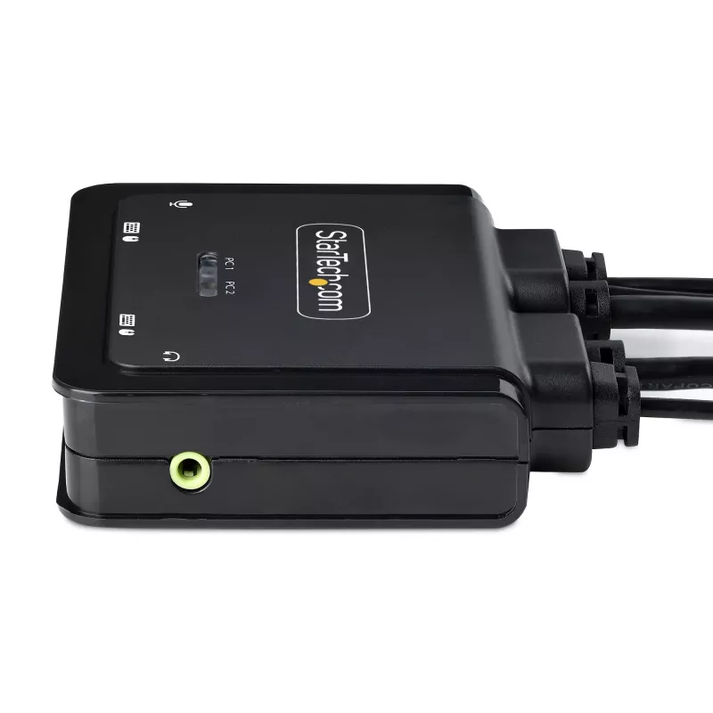 StarTech.com 2 prievadų hibridinis USB-C HDMI KVM jungiklis, 4K 60Hz, kompaktiškas KVM su integruotais 1,8 m USB-A/HDMI/garso ir 1,2 m USB-C laidais, maitinamas iš USB, nuotolinis mygtukas / klavišų kombinacijos perjungimas