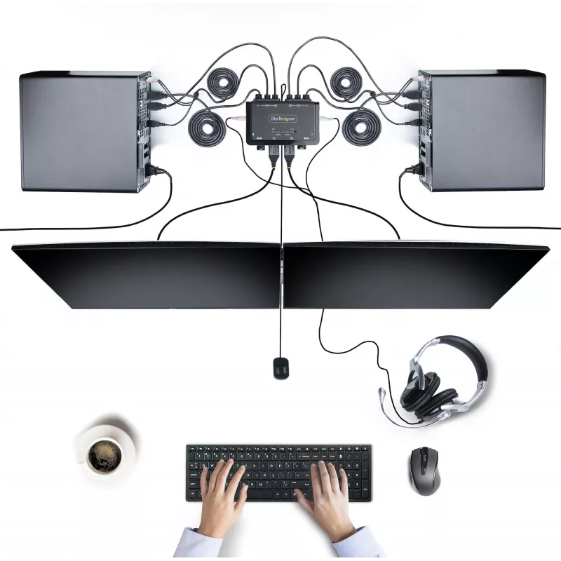 StarTech.com 2 prievadų dviejų monitorių HDMI KVM jungiklis, 4K 60Hz, kompaktiškas KVM su 1,5 m integruotais USB-A/HDMI/garso kabeliais, maitinamas iš USB, nuotolinis mygtukas / klavišų kombinacijos perjungimui