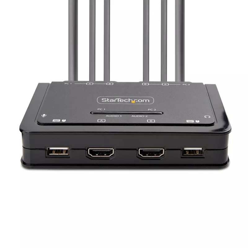 StarTech.com 2 prievadų dviejų monitorių HDMI KVM jungiklis, 4K 60Hz, kompaktiškas KVM su 1,5 m integruotais USB-A/HDMI/garso kabeliais, maitinamas iš USB, nuotolinis mygtukas / klavišų kombinacijos perjungimui
