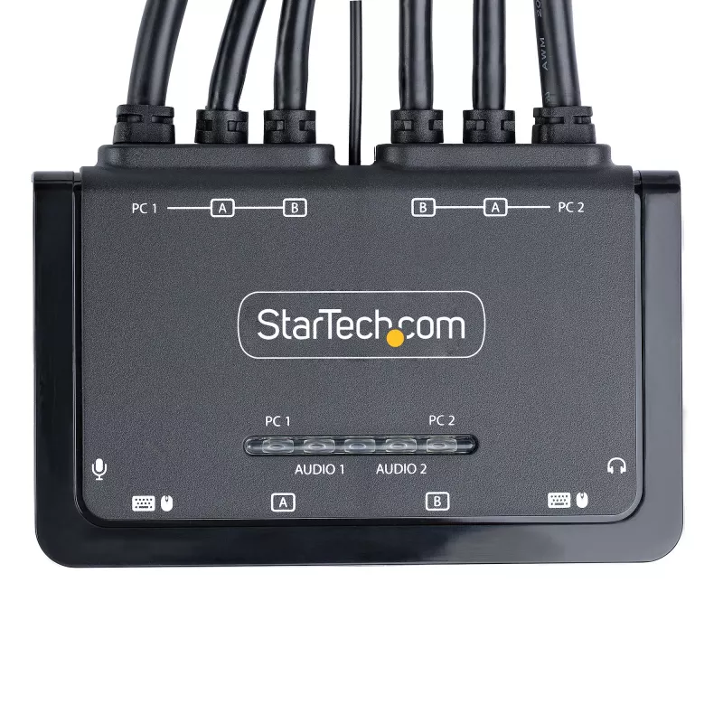 StarTech.com 2 prievadų dviejų monitorių HDMI KVM jungiklis, 4K 60Hz, kompaktiškas KVM su 1,5 m integruotais USB-A/HDMI/garso kabeliais, maitinamas iš USB, nuotolinis mygtukas / klavišų kombinacijos perjungimui