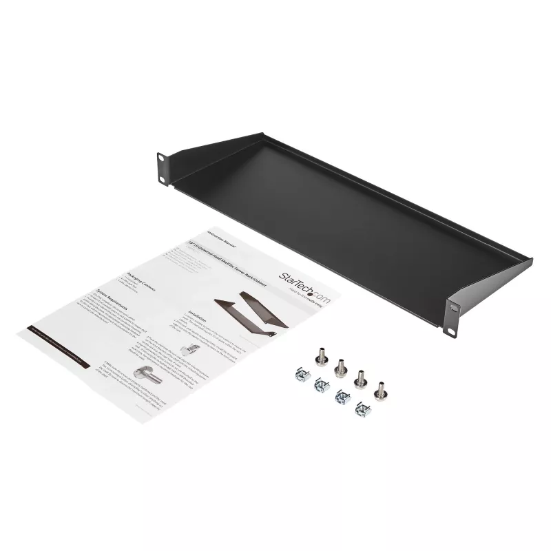 StarTech.com CABSHELF1U 1U lentyna serverių spintai, fiksuota gembinė lentynėlė 19 col. spintai, gylis 17,7 cm (7 col.), apkrova iki 15 kg (33 sv.), su narvelinėmis veržlėmis ir varžtais, juoda