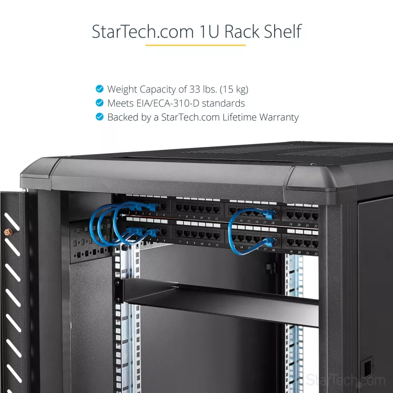 StarTech.com CABSHELF1U 1U lentyna serverių spintai, fiksuota gembinė lentynėlė 19 col. spintai, gylis 17,7 cm (7 col.), apkrova iki 15 kg (33 sv.), su narvelinėmis veržlėmis ir varžtais, juoda