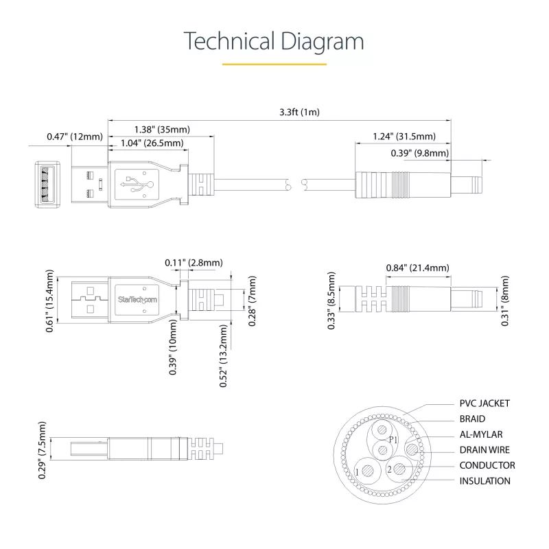 StarTech.com USB į 5.5 mm maitinimo laidas - N tipo statinė - 1 m