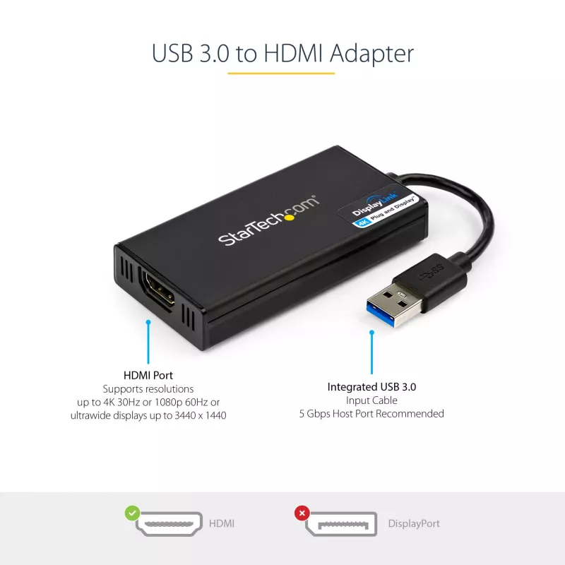 StarTech.com USB 3.0 į HDMI adapteris - 4K 30Hz Ultra HD - DisplayLink sertifikuotas - USB Type-A į HDMI monitoriaus adapteris - išorinė vaizdo plokštė - Mac ir Windows