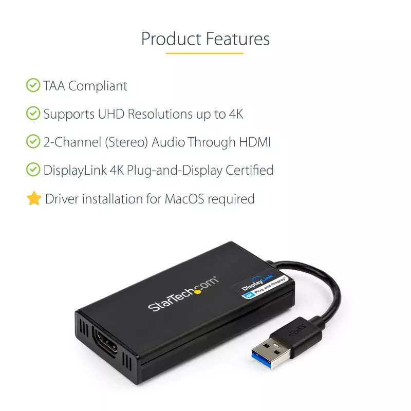 StarTech.com USB 3.0 į HDMI adapteris - 4K 30Hz Ultra HD - DisplayLink sertifikuotas - USB Type-A į HDMI monitoriaus adapteris - išorinė vaizdo plokštė - Mac ir Windows