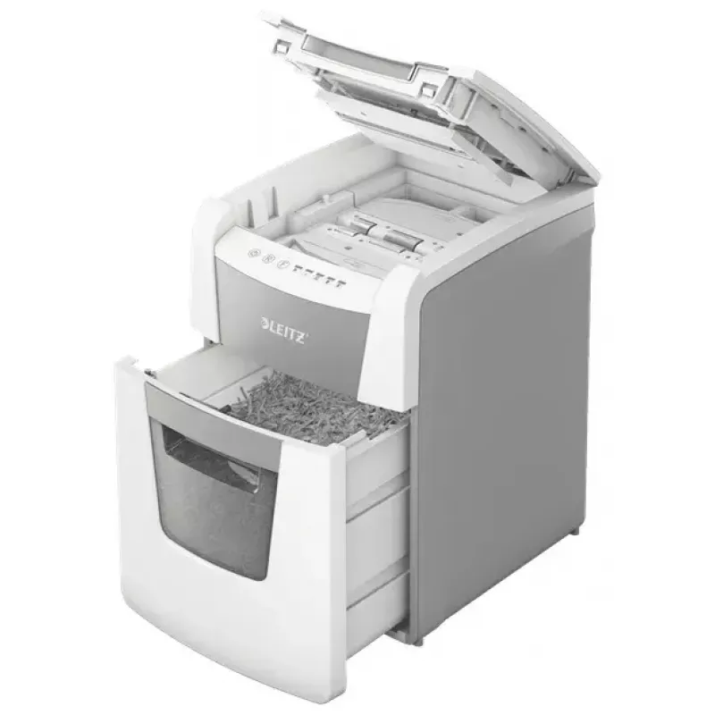 Popieriaus smulkintuvas LEITZ IQ Autofeed Small Office 100, skersinis pjovimas P-4, 8 lapų, 22 cm padavimas, 34 L krepšelis, pilkas