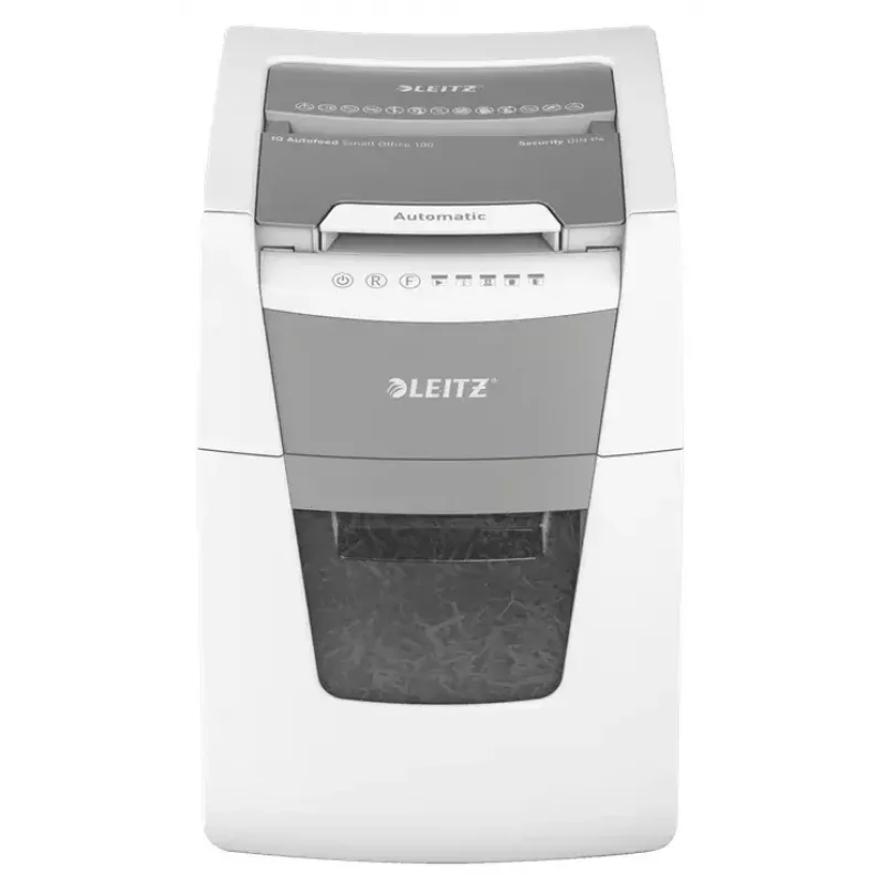 Popieriaus smulkintuvas LEITZ IQ Autofeed Small Office 100, skersinis pjovimas P-4, 8 lapų, 22 cm padavimas, 34 L krepšelis, pilkas