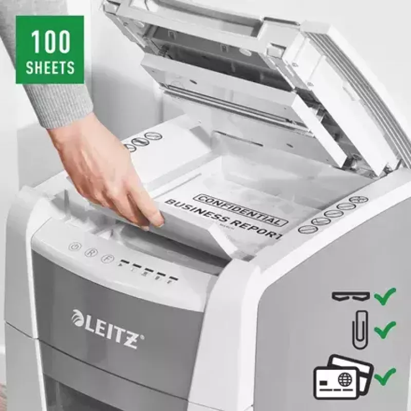 Popieriaus smulkintuvas LEITZ IQ Autofeed Small Office 100, skersinis pjovimas P-4, 8 lapų, 22 cm padavimas, 34 L krepšelis, pilkas