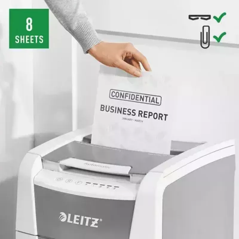 Popieriaus smulkintuvas LEITZ IQ Autofeed Small Office 100, skersinis pjovimas P-4, 8 lapų, 22 cm padavimas, 34 L krepšelis, pilkas