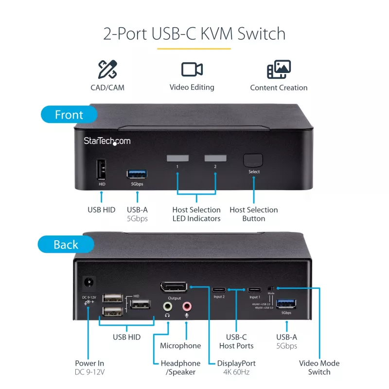 StarTech.com SV231DPUCA 2 prievadų USB-C DisplayPort KVM jungiklis, juodas