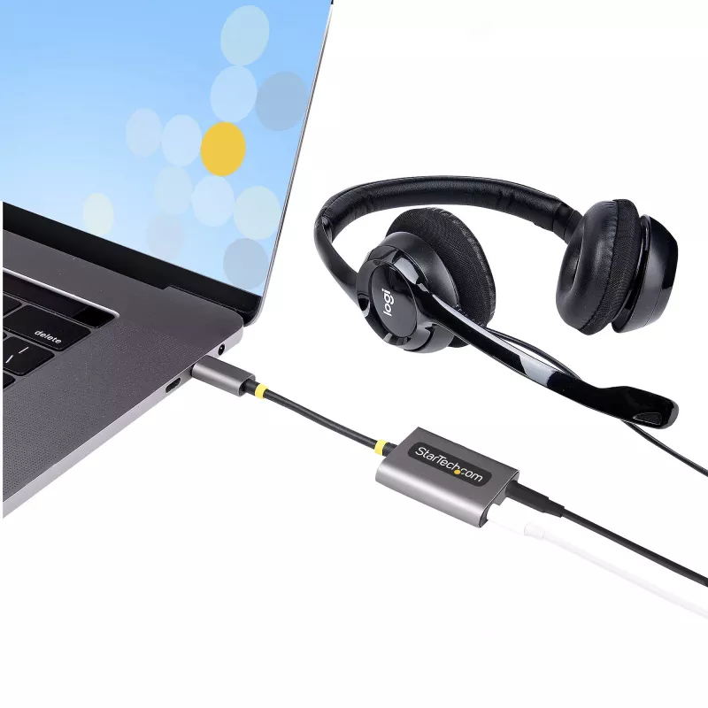 StarTech.com USB-C ausinių skirstytuvas, USB Type C dviejų ausinių adapteris su mikrofono įvestimi, USB C į 3,5 mm garso adapterį/ausinių lizdą, USB C į garso lizdą/Aux išvestį, 24 bitų DAC