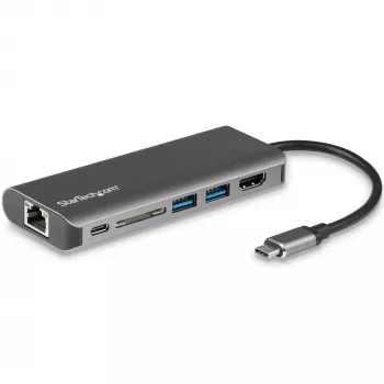 StarTech.com USB-C kelių prievadų adapteris, nešiojamas USB-C dokas su 4K HDMI, 2 prievadų USB 3.0 šakotuvu, SD/SDHC kortelių skaitytuvu, Gigabit Ethernet, 60W PD perdavimu – USB Type-C / Thunderbolt 3