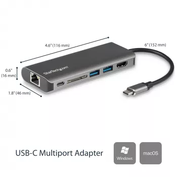 StarTech.com USB-C kelių prievadų adapteris, nešiojamas USB-C dokas su 4K HDMI, 2 prievadų USB 3.0 šakotuvu, SD/SDHC kortelių skaitytuvu, Gigabit Ethernet, 60W PD perdavimu – USB Type-C / Thunderbolt 3