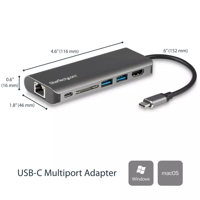 StarTech.com USB-C kelių prievadų adapteris, nešiojamas USB-C dokas su 4K HDMI, 2 prievadų USB 3.0 šakotuvu, SD/SDHC kortelių skaitytuvu, Gigabit Ethernet, 60W PD perdavimu – USB Type-C / Thunderbolt 3