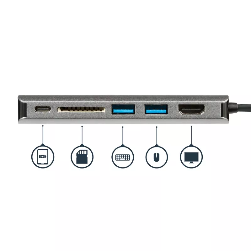 StarTech.com USB-C kelių prievadų adapteris, nešiojamas USB-C dokas su 4K HDMI, 2 prievadų USB 3.0 šakotuvu, SD/SDHC kortelių skaitytuvu, Gigabit Ethernet, 60W PD perdavimu – USB Type-C / Thunderbolt 3