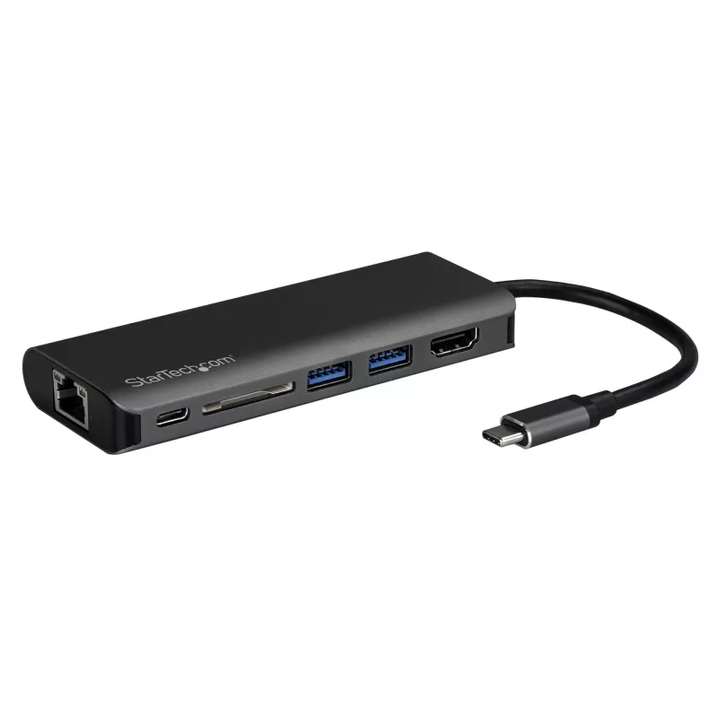 StarTech.com USB-C kelių prievadų adapteris, nešiojamas USB-C dokas su 4K HDMI, 2 prievadų USB 3.0 šakotuvu, SD/SDHC kortelių skaitytuvu, Gigabit Ethernet, 60W PD perdavimu – USB Type-C / Thunderbolt 3