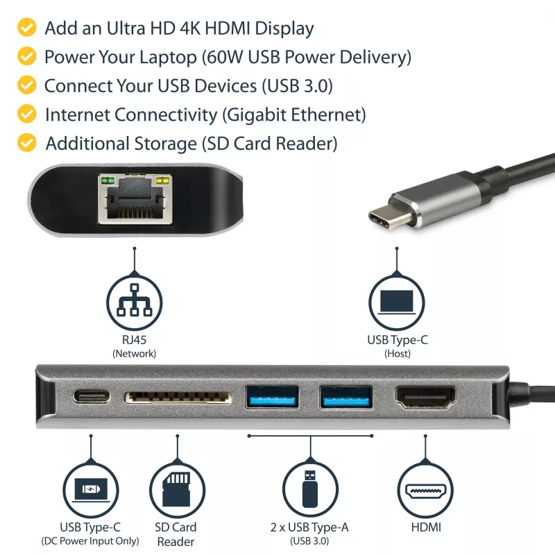 StarTech.com USB-C kelių prievadų adapteris, nešiojamas USB-C dokas su 4K HDMI, 2 prievadų USB 3.0 šakotuvu, SD/SDHC kortelių skaitytuvu, Gigabit Ethernet, 60W PD perdavimu – USB Type-C / Thunderbolt 3
