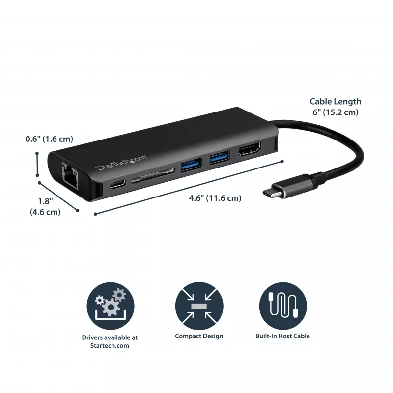 StarTech.com USB-C kelių prievadų adapteris, nešiojamas USB-C dokas su 4K HDMI, 2 prievadų USB 3.0 šakotuvu, SD/SDHC kortelių skaitytuvu, Gigabit Ethernet, 60W PD perdavimu – USB Type-C / Thunderbolt 3