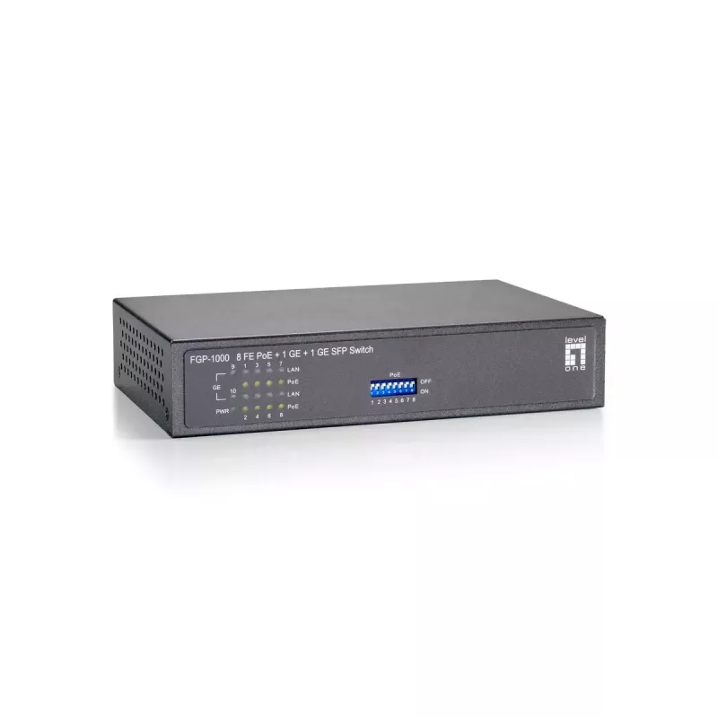 LevelOne 10 prievadų Fast Ethernet PoE jungiklis, 1 x Gigabit RJ45, 1 x Gigabit SFP, 8 PoE išėjimai, 90W