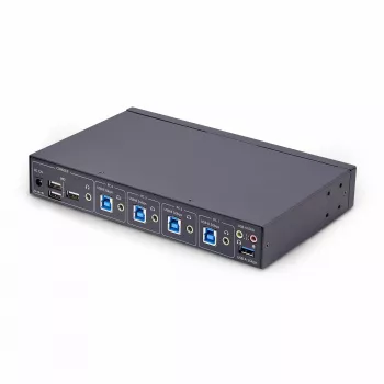 StarTech.com 4 prievadų KM jungiklis su pelės perjungimu, USB jungiklis klaviatūrai/pelytei, 3,5 mm/USB garsui, išorinių įrenginių dalijimuisi 4 kompiuteriams, atitinkantis TAA