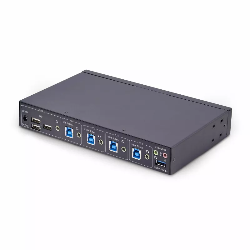 StarTech.com 4 prievadų KM jungiklis su pelės perjungimu, USB jungiklis klaviatūrai/pelytei, 3,5 mm/USB garsui, išorinių įrenginių dalijimuisi 4 kompiuteriams, atitinkantis TAA