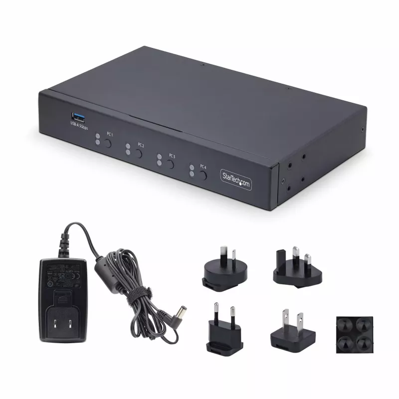StarTech.com 4 prievadų KM jungiklis su pelės perjungimu, USB jungiklis klaviatūrai/pelytei, 3,5 mm/USB garsui, išorinių įrenginių dalijimuisi 4 kompiuteriams, atitinkantis TAA