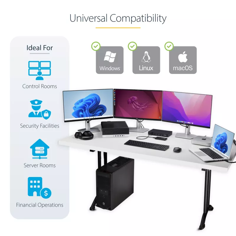 StarTech.com 4 prievadų KM jungiklis su pelės perjungimu, USB jungiklis klaviatūrai/pelytei, 3,5 mm/USB garsui, išorinių įrenginių dalijimuisi 4 kompiuteriams, atitinkantis TAA