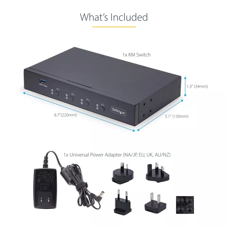 StarTech.com 4 prievadų KM jungiklis su pelės perjungimu, USB jungiklis klaviatūrai/pelytei, 3,5 mm/USB garsui, išorinių įrenginių dalijimuisi 4 kompiuteriams, atitinkantis TAA