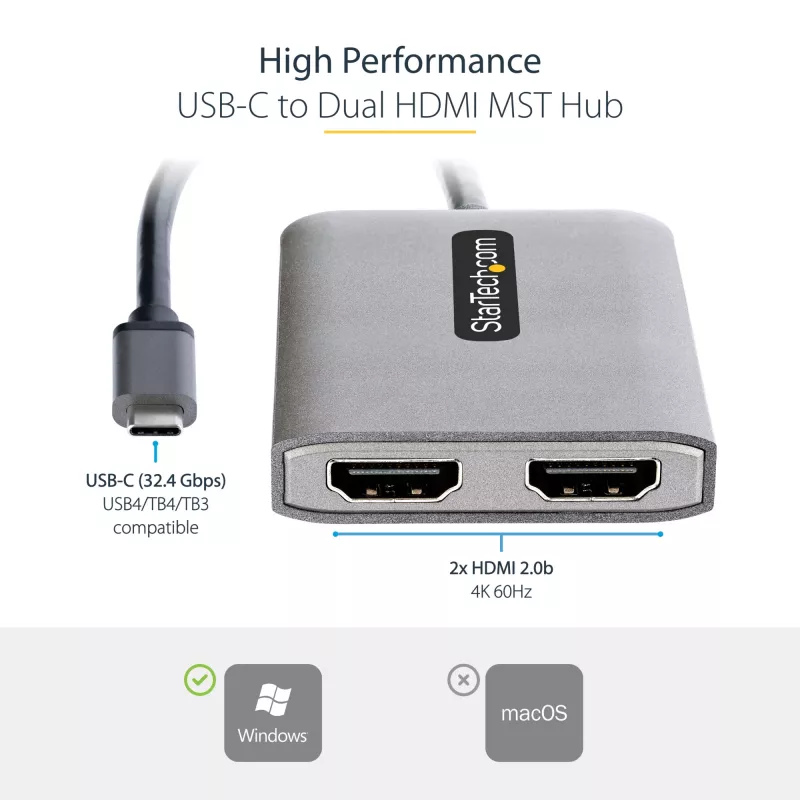 StarTech.com USB-C į Dual HDMI MST HUB – Dvigubas HDMI 4K 60Hz – USB Type C kelių monitorių adapteris nešiojamam kompiuteriui su 30 cm kabeliu – DP 1.4 Multi-Stream Transport šakotuvas – USB-C į HDMI skirstytuvas