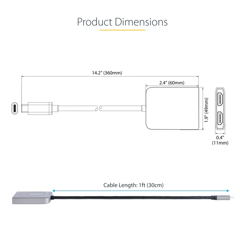 StarTech.com USB-C į Dual HDMI MST HUB – Dvigubas HDMI 4K 60Hz – USB Type C kelių monitorių adapteris nešiojamam kompiuteriui su 30 cm kabeliu – DP 1.4 Multi-Stream Transport šakotuvas – USB-C į HDMI skirstytuvas