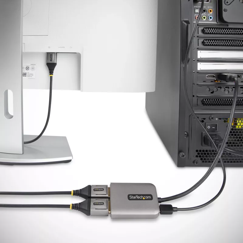 StarTech.com 2 prievadų DisplayPort MST šakotuvas, dviguba 4K 60Hz, DP į 2x DisplayPort monitorių adapteris, DP 1.4 kelių monitorių vaizdo adapteris, 30 cm įmontuotas kabelis, maitinamas per USB, tik Windows