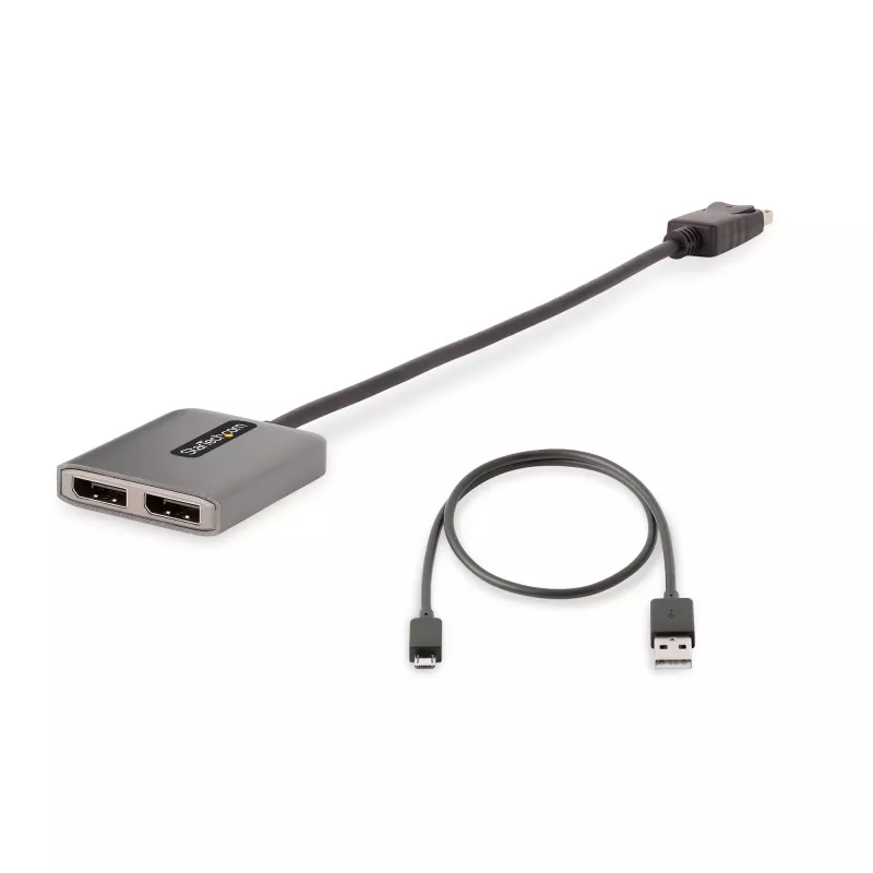 StarTech.com 2 prievadų DisplayPort MST šakotuvas, dviguba 4K 60Hz, DP į 2x DisplayPort monitorių adapteris, DP 1.4 kelių monitorių vaizdo adapteris, 30 cm įmontuotas kabelis, maitinamas per USB, tik Windows