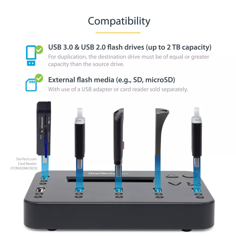 „StarTech.com“ USB atmintinių kopijavimo ir ištrynimo įrenginys 1→5, nepriklausomas, 1,5 GB/min, LCD