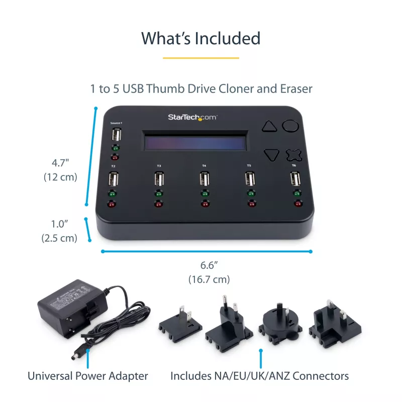 „StarTech.com“ USB atmintinių kopijavimo ir ištrynimo įrenginys 1→5, nepriklausomas, 1,5 GB/min, LCD