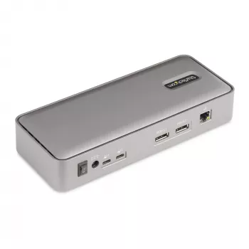 StarTech.com dviejų nešiojamųjų kompiuterių USB-C KVM stotelė, dviejų monitorių 4K 60Hz DisplayPort dokas, 5 prievadų USB šakotuvas, GbE, 90W/45W maitinimo tiekimas dviem nešiojamiesiems, Windows/Mac, 2 pagrindinių kompiuterių KVM dokas - TAA