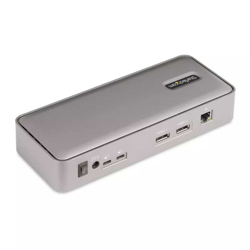 StarTech.com dviejų nešiojamųjų kompiuterių USB-C KVM stotelė, dviejų monitorių 4K 60Hz DisplayPort dokas, 5 prievadų USB šakotuvas, GbE, 90W/45W maitinimo tiekimas dviem nešiojamiesiems, Windows/Mac, 2 pagrindinių kompiuterių KVM dokas - TAA