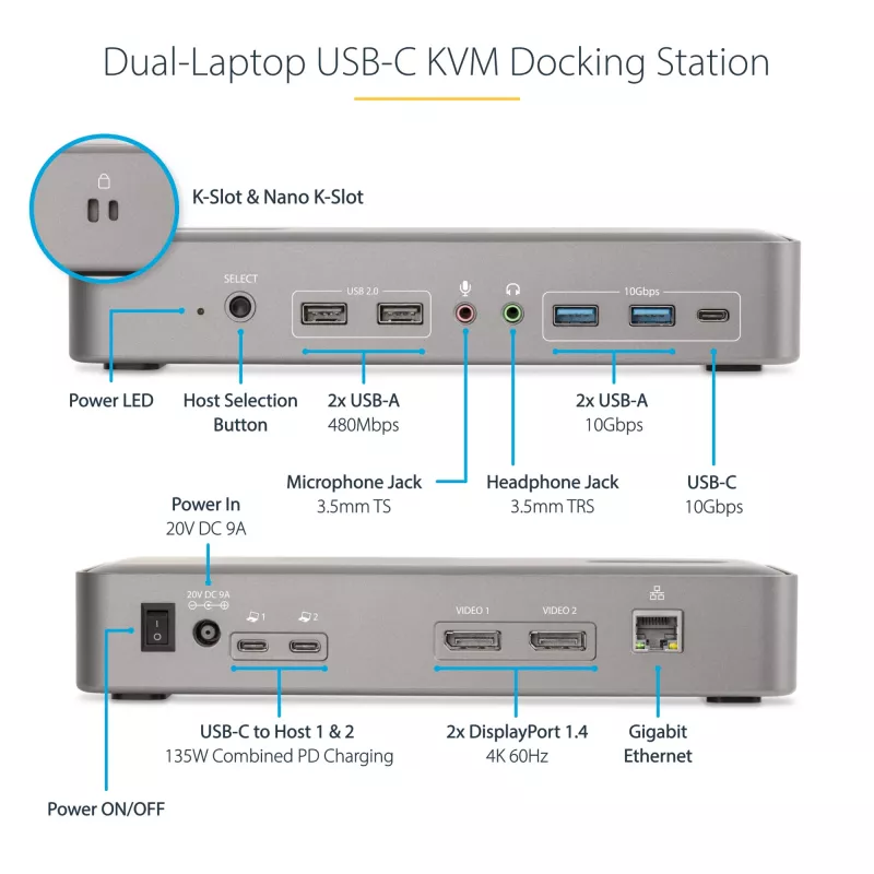 StarTech.com dviejų nešiojamųjų kompiuterių USB-C KVM stotelė, dviejų monitorių 4K 60Hz DisplayPort dokas, 5 prievadų USB šakotuvas, GbE, 90W/45W maitinimo tiekimas dviem nešiojamiesiems, Windows/Mac, 2 pagrindinių kompiuterių KVM dokas - TAA