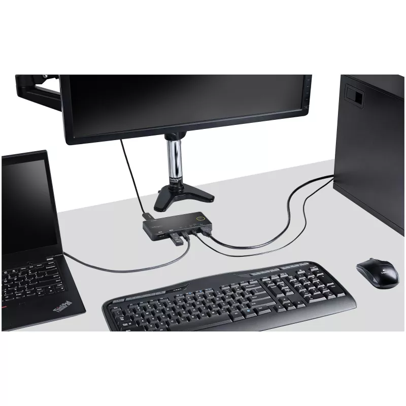 StarTech.com 2 prievadų hibridinis USB-A + HDMI ir USB-C KVM jungiklis – vienas 4K 60Hz HDMI 2.0 monitorius – kompaktiškas stalinis ir/ar nešiojamojo kompiuterio HDMI KVM jungiklis – USB magistralės maitinimas – suderinamas su Thunderbolt 3