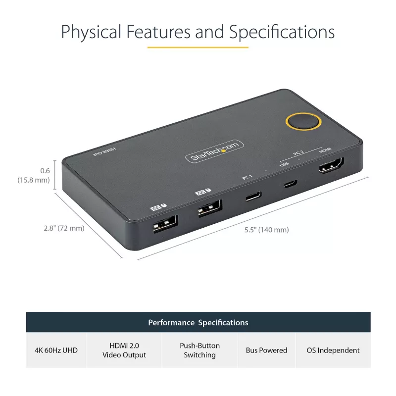 StarTech.com 2 prievadų hibridinis USB-A + HDMI ir USB-C KVM jungiklis – vienas 4K 60Hz HDMI 2.0 monitorius – kompaktiškas stalinis ir/ar nešiojamojo kompiuterio HDMI KVM jungiklis – USB magistralės maitinimas – suderinamas su Thunderbolt 3