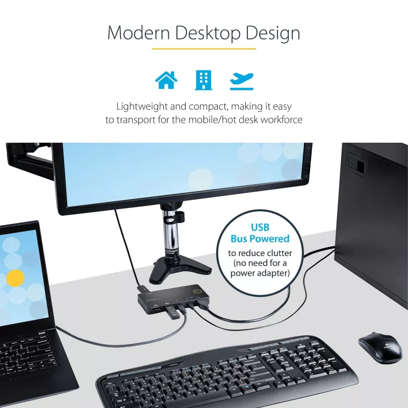 StarTech.com 2 prievadų hibridinis USB-A + HDMI ir USB-C KVM jungiklis – vienas 4K 60Hz HDMI 2.0 monitorius – kompaktiškas stalinis ir/ar nešiojamojo kompiuterio HDMI KVM jungiklis – USB magistralės maitinimas – suderinamas su Thunderbolt 3