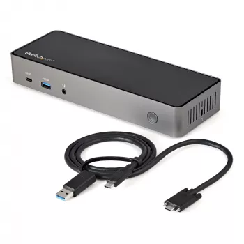 StarTech.com USB-C ir USB-A dokas - hibridinė universali trijų monitorių nešiojamojo kompiuterio dokavimo stotelė su DisplayPort ir HDMI 4K 60Hz - 85W galios tiekimas, 6x USB šakotuvas, GbE, garsas - USB 3.1 Gen 2 10Gbps - TAA