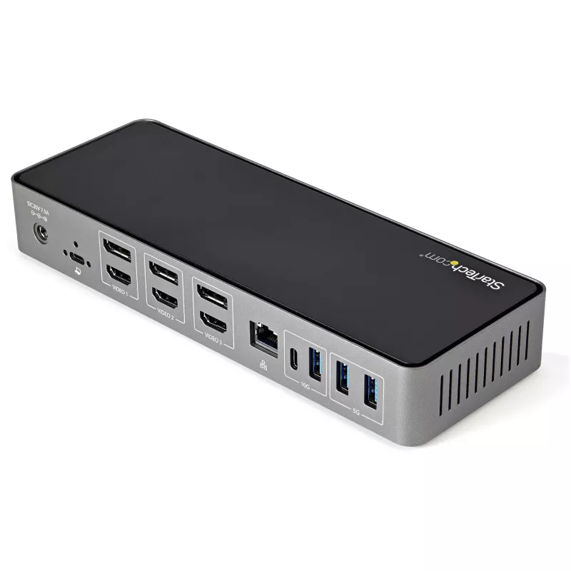 StarTech.com USB-C ir USB-A dokas - hibridinė universali trijų monitorių nešiojamojo kompiuterio dokavimo stotelė su DisplayPort ir HDMI 4K 60Hz - 85W galios tiekimas, 6x USB šakotuvas, GbE, garsas - USB 3.1 Gen 2 10Gbps - TAA