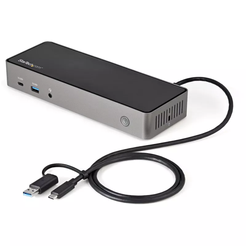 StarTech.com USB-C ir USB-A dokas - hibridinė universali trijų monitorių nešiojamojo kompiuterio dokavimo stotelė su DisplayPort ir HDMI 4K 60Hz - 85W galios tiekimas, 6x USB šakotuvas, GbE, garsas - USB 3.1 Gen 2 10Gbps - TAA