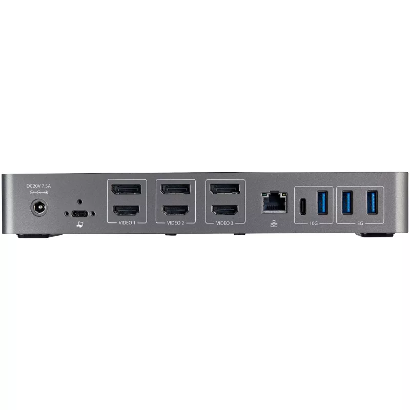 StarTech.com USB-C ir USB-A dokas - hibridinė universali trijų monitorių nešiojamojo kompiuterio dokavimo stotelė su DisplayPort ir HDMI 4K 60Hz - 85W galios tiekimas, 6x USB šakotuvas, GbE, garsas - USB 3.1 Gen 2 10Gbps - TAA