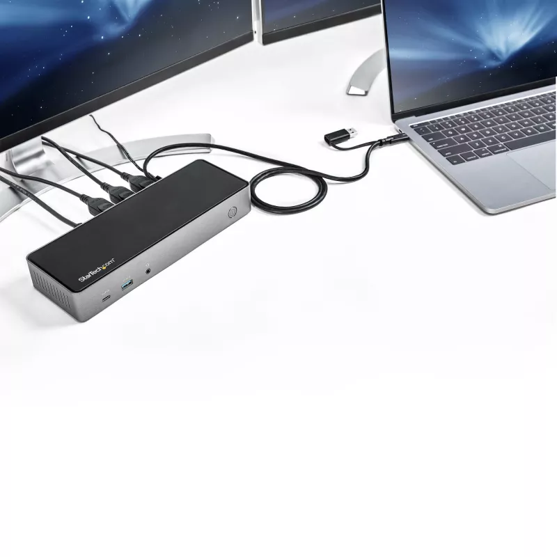 StarTech.com USB-C ir USB-A dokas - hibridinė universali trijų monitorių nešiojamojo kompiuterio dokavimo stotelė su DisplayPort ir HDMI 4K 60Hz - 85W galios tiekimas, 6x USB šakotuvas, GbE, garsas - USB 3.1 Gen 2 10Gbps - TAA