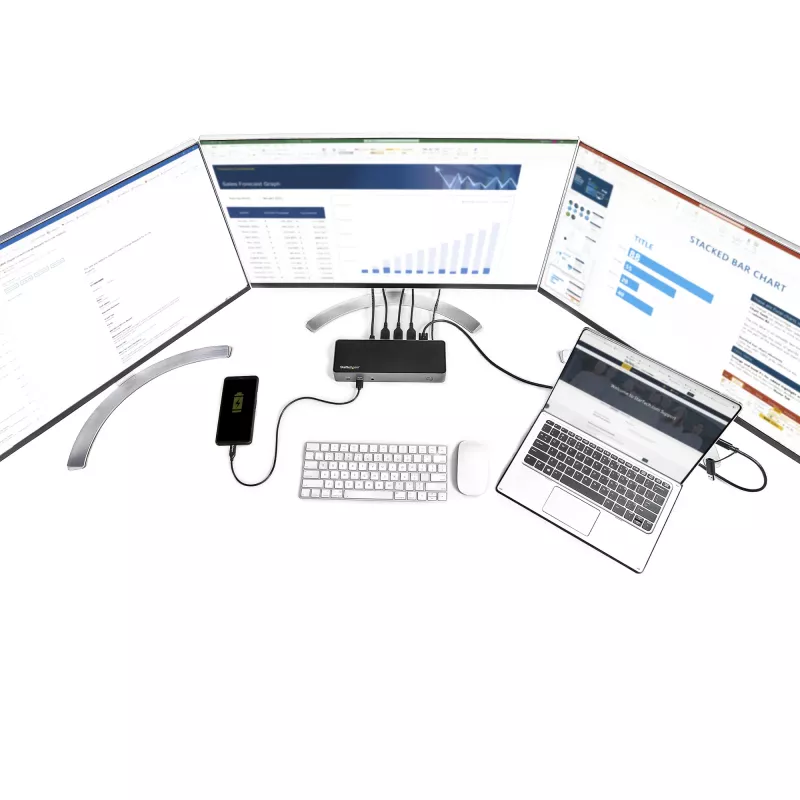 StarTech.com USB-C ir USB-A dokas - hibridinė universali trijų monitorių nešiojamojo kompiuterio dokavimo stotelė su DisplayPort ir HDMI 4K 60Hz - 85W galios tiekimas, 6x USB šakotuvas, GbE, garsas - USB 3.1 Gen 2 10Gbps - TAA