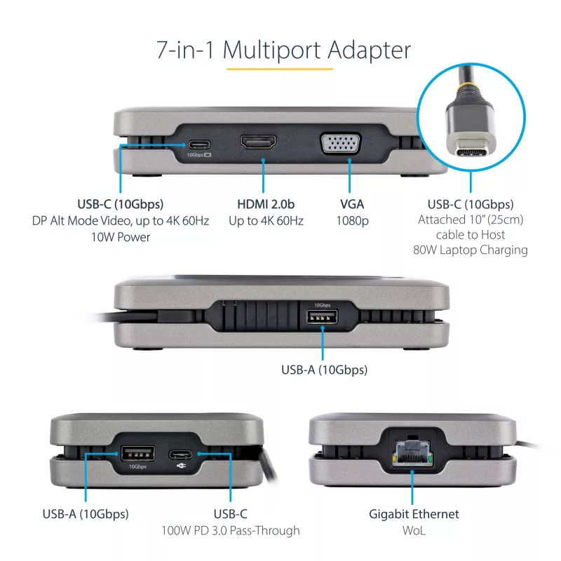 StarTech.com USB-C kelių monitorių kelių prievadų adapteris iki 4K 60Hz USB-C DP Alt Mode vaizdo išvestis ir HDMI 2.0 arba 1080p VGA, 100W PD perdavimas, USB Type C mini dokas, USB-C dokavimo stotelė, MST centras