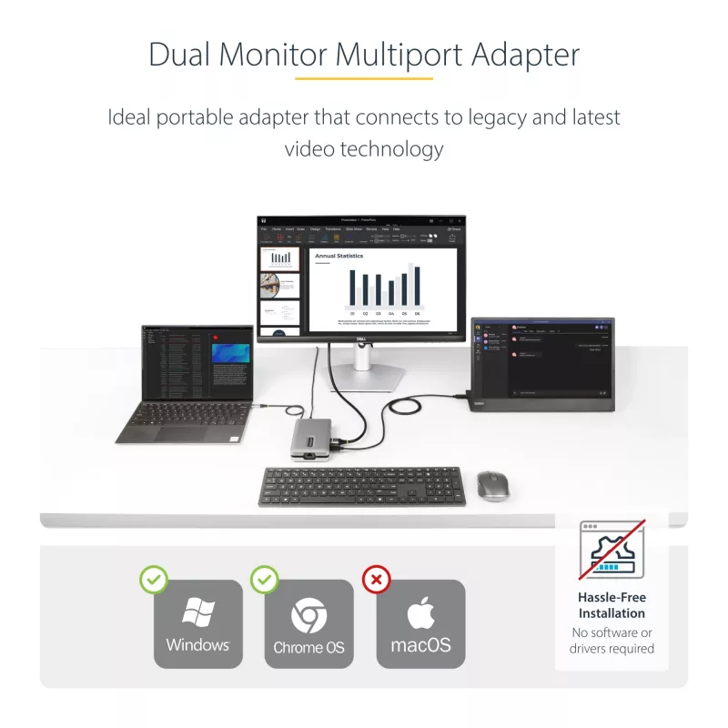 StarTech.com USB-C kelių monitorių kelių prievadų adapteris iki 4K 60Hz USB-C DP Alt Mode vaizdo išvestis ir HDMI 2.0 arba 1080p VGA, 100W PD perdavimas, USB Type C mini dokas, USB-C dokavimo stotelė, MST centras