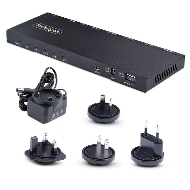 StarTech.com 4 prievadų HDMI skirstytuvas su įmontuotu keitikliu, 4K 60Hz, HDMI 2.0, 1 į 4, 3,5 mm / optinis garsas