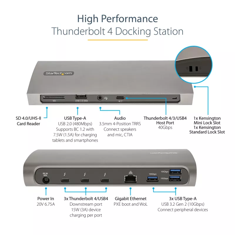 StarTech.com Thunderbolt 4 Dock, 96W maitinimas, vienas 8K / du monitoriai 4K 60Hz, 3xTB4/USB4 prievadai, 4xUSB-A, SD, GbE, Thunderbolt 4 dokų stotelė, skirta Windows arba TB3 MacBook, 0,8 m kabelis